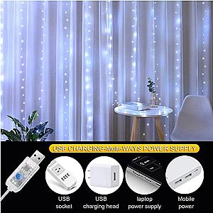 LED Curtain String Lights Christmas Garland Decor Fairy Light 8 Modes USB Remote Control Wedding Holiday Party for Bedroom Home