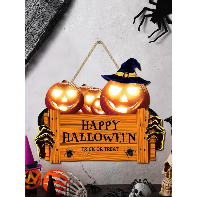 Happy Halloween Wooden Sign, Pumpkin With Hat Wooden Sign, Suitable For Home, Wall, Room,Cafe, Shop, Party, Holiday Decoration