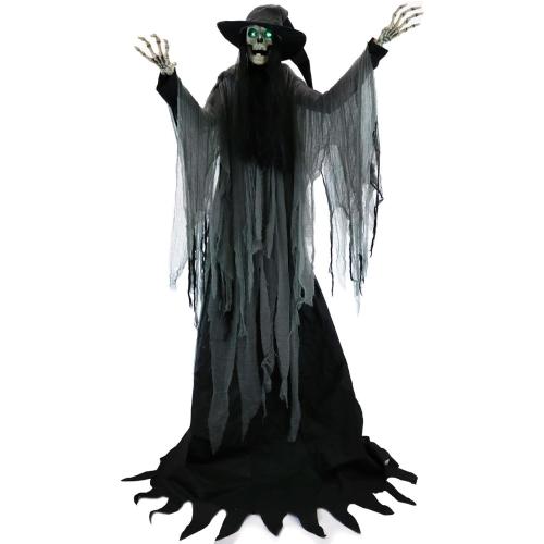 7.5 foot tall terrifying skeleton witch, talking Halloween electronic animation, indoor or outdoor horror Halloween decoration