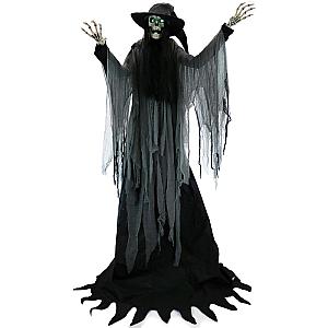 7.5 foot tall terrifying skeleton witch, talking Halloween electronic animation, indoor or outdoor horror Halloween decoration