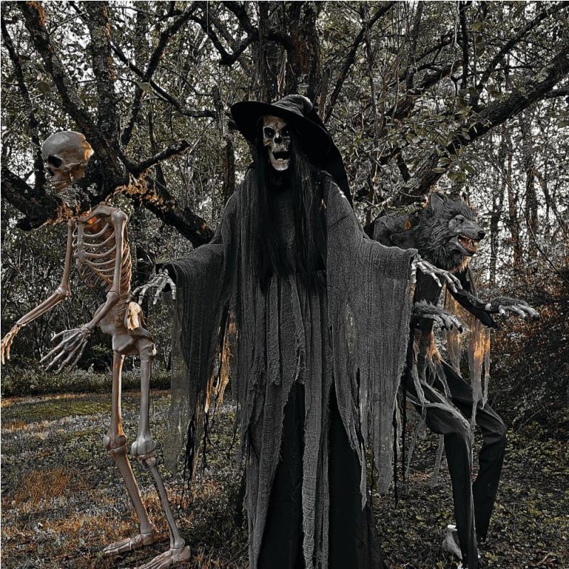 7.5 foot tall terrifying skeleton witch, talking Halloween electronic animation, indoor or outdoor horror Halloween decoration