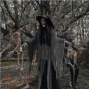 7.5 foot tall terrifying skeleton witch, talking Halloween electronic animation, indoor or outdoor horror Halloween decoration