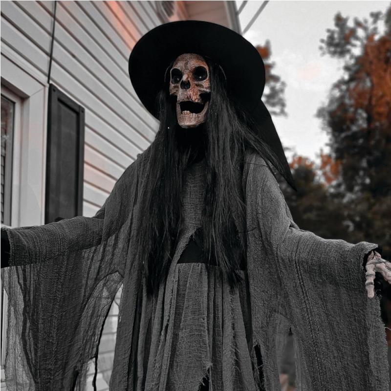 7.5 foot tall terrifying skeleton witch, talking Halloween electronic animation, indoor or outdoor horror Halloween decoration