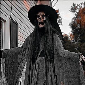 7.5 foot tall terrifying skeleton witch, talking Halloween electronic animation, indoor or outdoor horror Halloween decoration