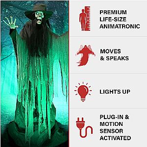 7.5 foot tall terrifying skeleton witch, talking Halloween electronic animation, indoor or outdoor horror Halloween decoration