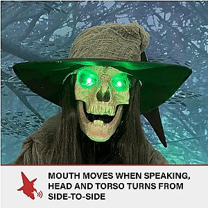 7.5 foot tall terrifying skeleton witch, talking Halloween electronic animation, indoor or outdoor horror Halloween decoration