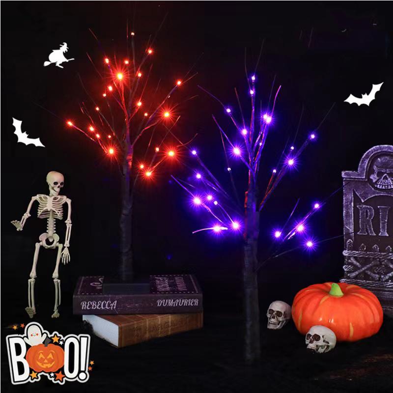 1pc 24in Orange And Purple Halloween Birch Tree Light Battery Operated Table Lamp Indoor Home Party  Halloween Decorations