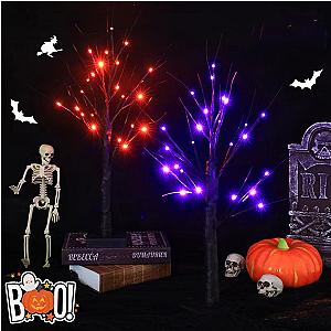 1pc 24in Orange And Purple Halloween Birch Tree Light Battery Operated Table Lamp Indoor Home Party  Halloween Decorations