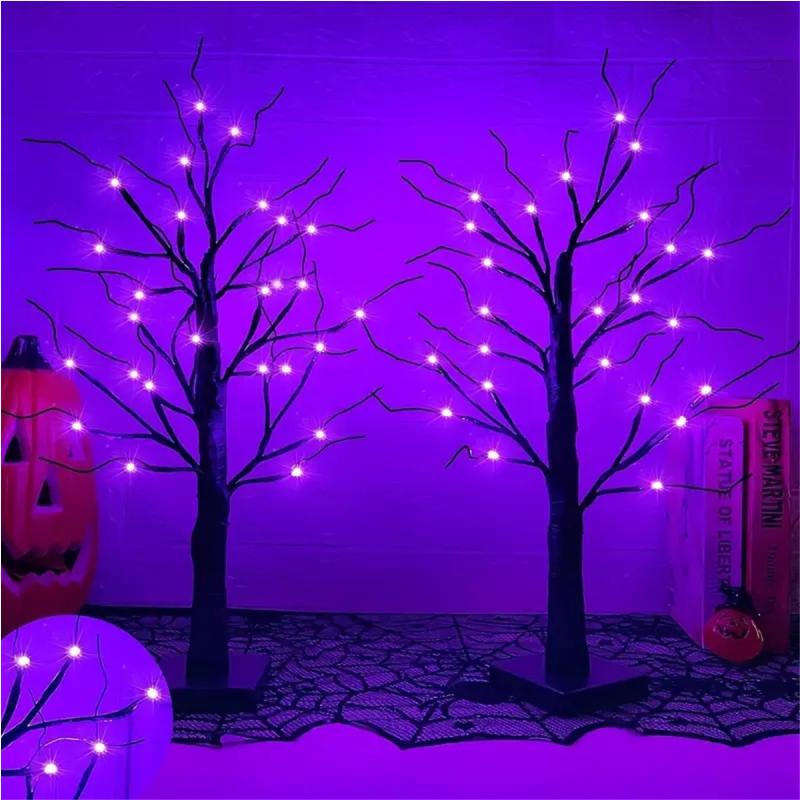 1pc 24in Orange And Purple Halloween Birch Tree Light Battery Operated Table Lamp Indoor Home Party  Halloween Decorations