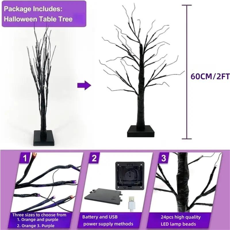 1pc 24in Orange And Purple Halloween Birch Tree Light Battery Operated Table Lamp Indoor Home Party  Halloween Decorations