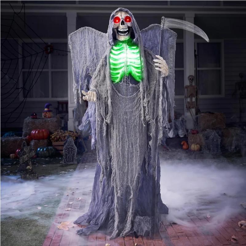 67" Halloween Decorations Outdoor Life Size Animatronics Grim Reaper, Sound-Actived Halloween Party Decors with Creepy Sound