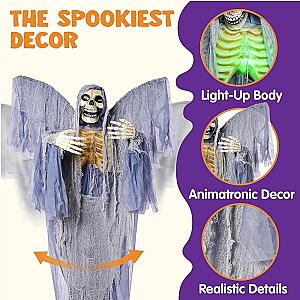 67" Halloween Decorations Outdoor Life Size Animatronics Grim Reaper, Sound-Actived Halloween Party Decors with Creepy Sound