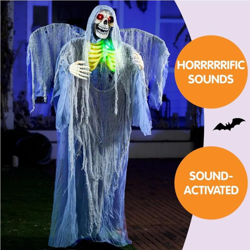 67" Halloween Decorations Outdoor Life Size Animatronics Grim Reaper, Sound-Actived Halloween Party Decors with Creepy Sound