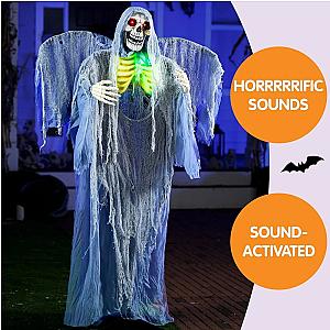 67" Halloween Decorations Outdoor Life Size Animatronics Grim Reaper, Sound-Actived Halloween Party Decors with Creepy Sound