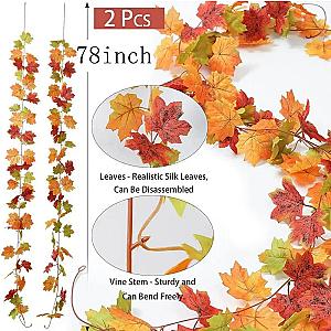 2M Artificial Fall Maple Leaf Garland Fake Plants Autumn Decor Leaves Vine for Thanksgiving Halloween Festivals Wedding Decora