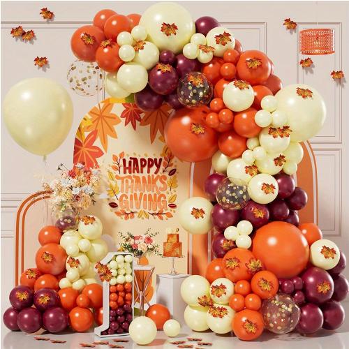 153PCS Thanksgiving Balloon Garland Arch Set Wine Red Orange Maple Leaf Balloon Indoor and Outdoor Autumn Party Decoration