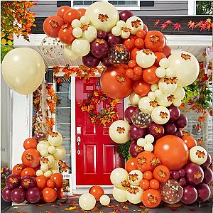 153PCS Thanksgiving Balloon Garland Arch Set Wine Red Orange Maple Leaf Balloon Indoor and Outdoor Autumn Party Decoration