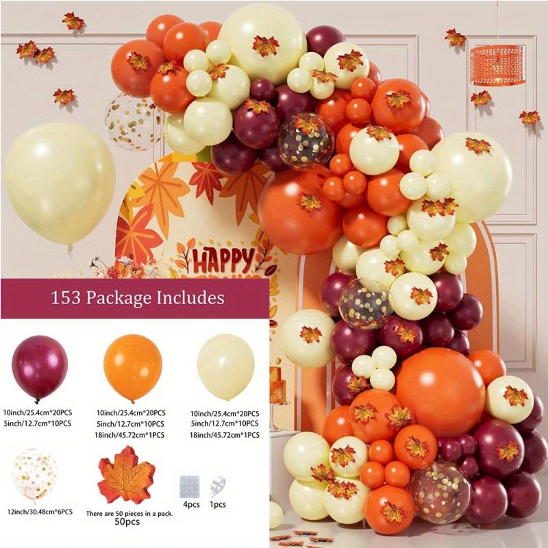 153PCS Thanksgiving Balloon Garland Arch Set Wine Red Orange Maple Leaf Balloon Indoor and Outdoor Autumn Party Decoration