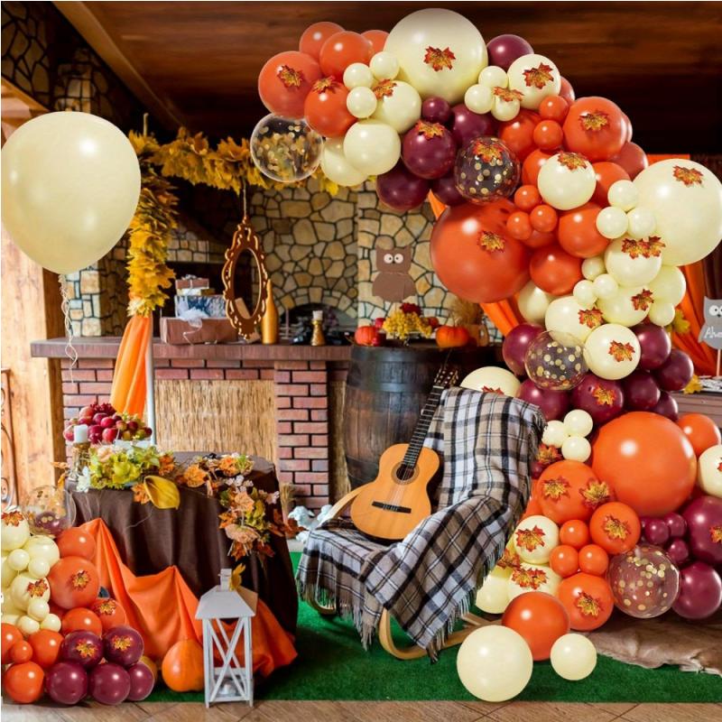 153PCS Thanksgiving Balloon Garland Arch Set Wine Red Orange Maple Leaf Balloon Indoor and Outdoor Autumn Party Decoration