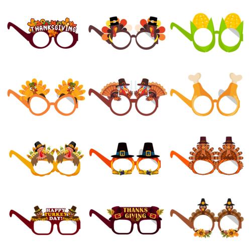 12Pcs Cartoon Turkey Paper Eyeglasses Photo Props for Autumn Thanksgiving Theme Party Decoration Birthday Party Background Props