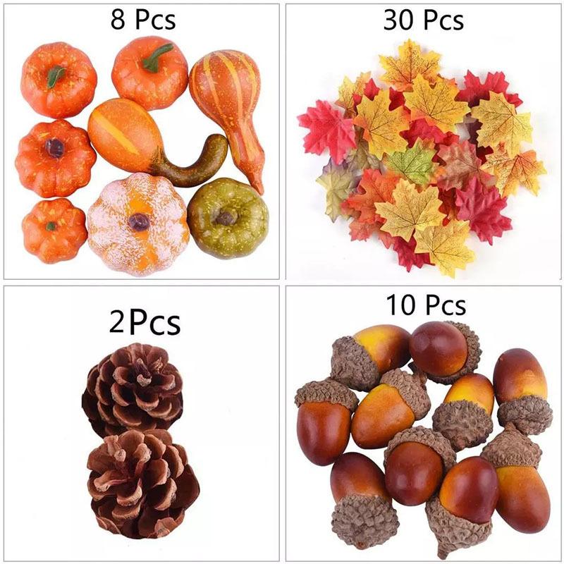 50pcs Thanksgiving Artificial Pumpkins Maple Leaf Pine Cone Ornament Autumn Wedding Home Decor DIY Crafts Halloween Decorations