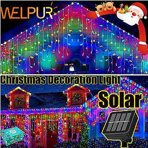 NEW 2024 Christmas Decorations Lights Solar Icicle Curtain Lights 8 Modes Outdoor Waterproof Garden Party New Year Decoration