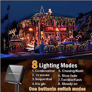 NEW 2024 Christmas Decorations Lights Solar Icicle Curtain Lights 8 Modes Outdoor Waterproof Garden Party New Year Decoration