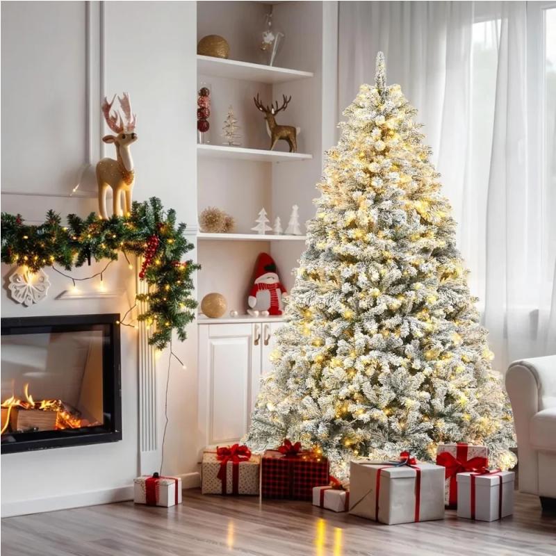 Christmas Tree Prelit Snow Flocked Artificial Full  Tree with 8 Light-Modes, 800 Branch , Party Decoration Christmas Pine