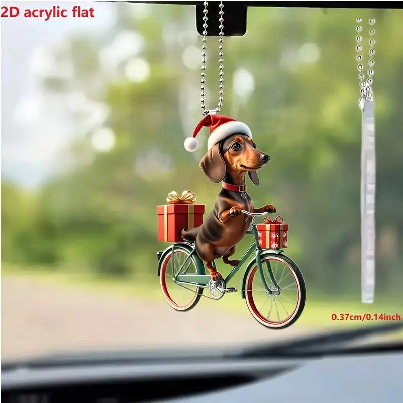 Christmas Tree 2d Acrylic Flat Hanging With Christmas Dachshunds Riding Bicycle Hanging Pendant Gift Holiday Crystals Decoration