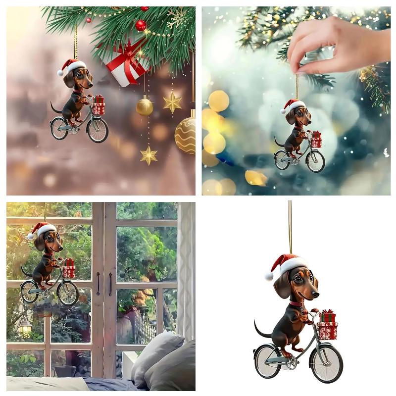 Christmas Tree 2d Acrylic Flat Hanging With Christmas Dachshunds Riding Bicycle Hanging Pendant Gift Holiday Crystals Decoration