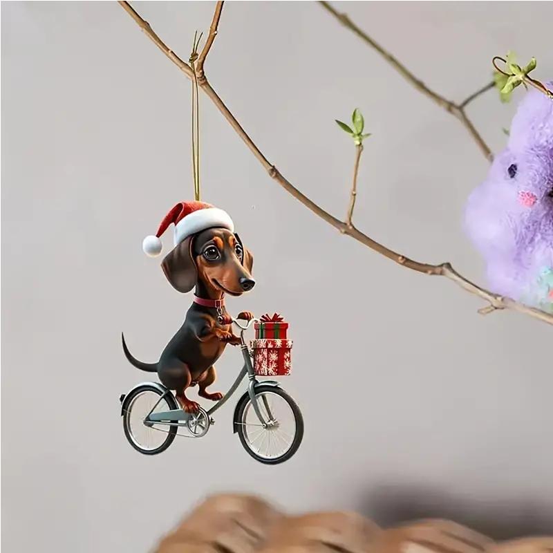 Christmas Tree 2d Acrylic Flat Hanging With Christmas Dachshunds Riding Bicycle Hanging Pendant Gift Holiday Crystals Decoration