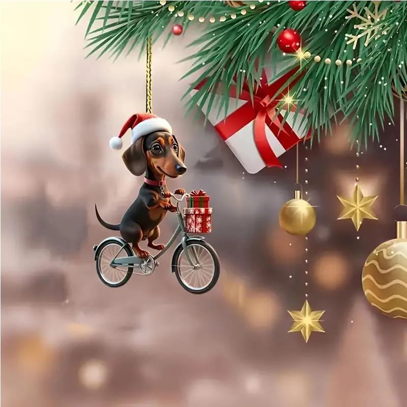 Christmas Tree 2d Acrylic Flat Hanging With Christmas Dachshunds Riding Bicycle Hanging Pendant Gift Holiday Crystals Decoration