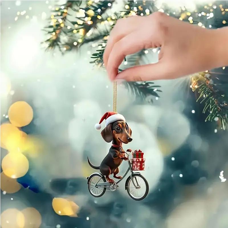 Christmas Tree 2d Acrylic Flat Hanging With Christmas Dachshunds Riding Bicycle Hanging Pendant Gift Holiday Crystals Decoration