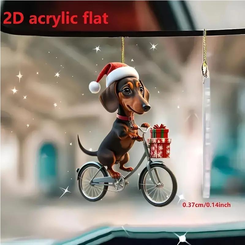 Christmas Tree 2d Acrylic Flat Hanging With Christmas Dachshunds Riding Bicycle Hanging Pendant Gift Holiday Crystals Decoration