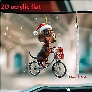 Christmas Tree 2d Acrylic Flat Hanging With Christmas Dachshunds Riding Bicycle Hanging Pendant Gift Holiday Crystals Decoration