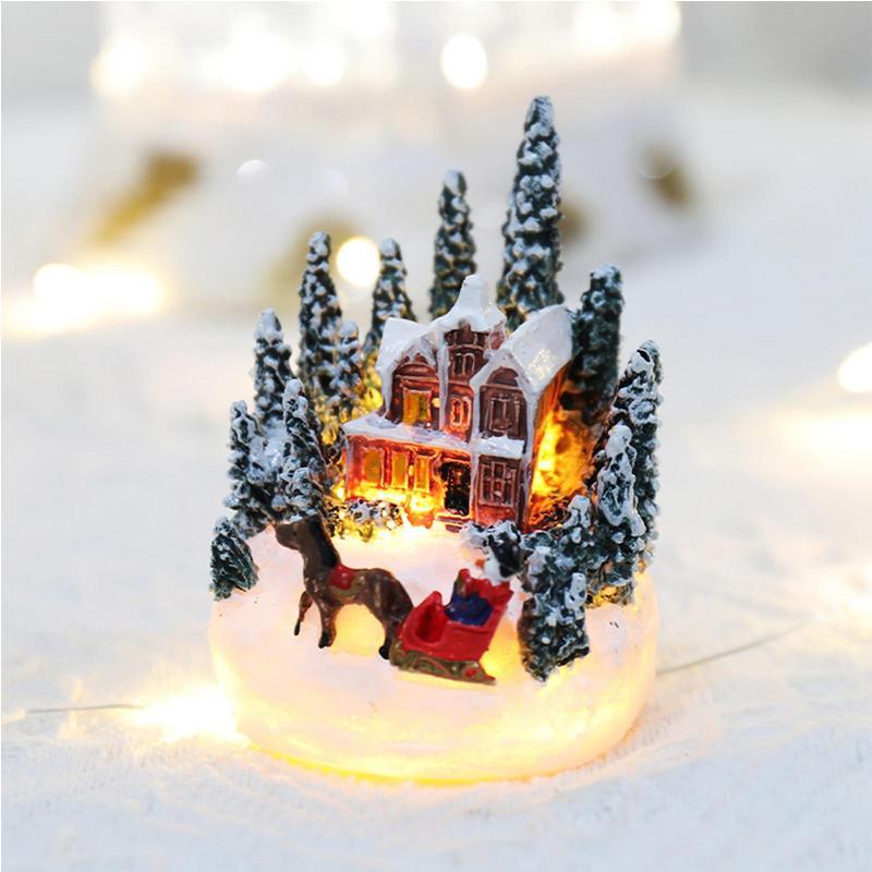 Christmas Decorations Resin Mini House Light Up Village House Figurines Table Ornament for Christmas New Year Party Decoration