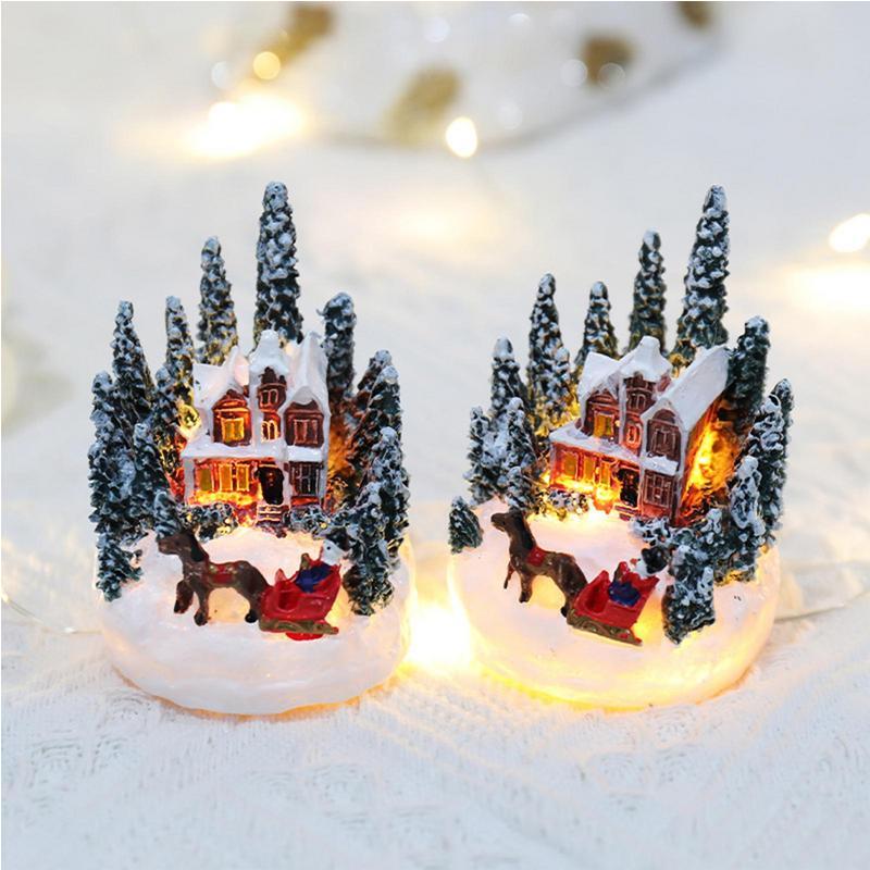 Christmas Decorations Resin Mini House Light Up Village House Figurines Table Ornament for Christmas New Year Party Decoration